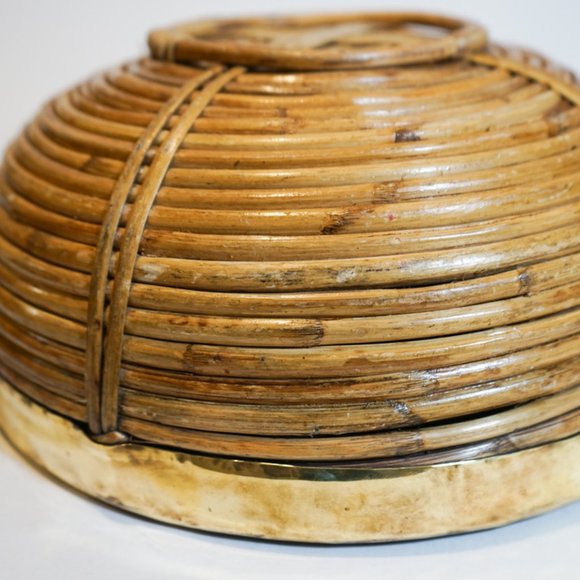 Pair of Rattan and Brass Italian Basket Bowls - in style of Gabriella Crespi - Picture 2 of 13